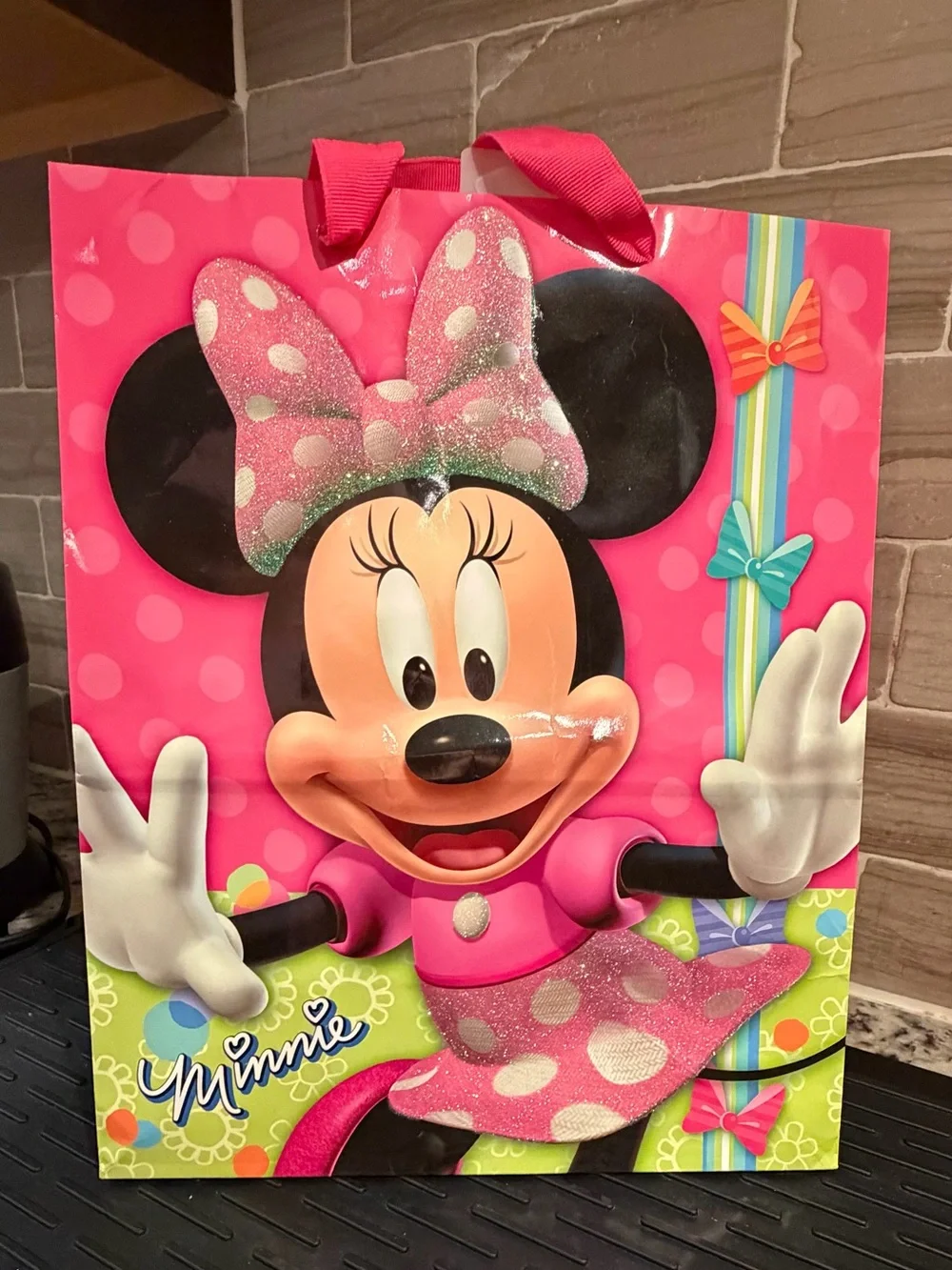 Disney Minnie Mouse Paper Gift Bags Set of 3 Pink Glitter Party Favor Bags
